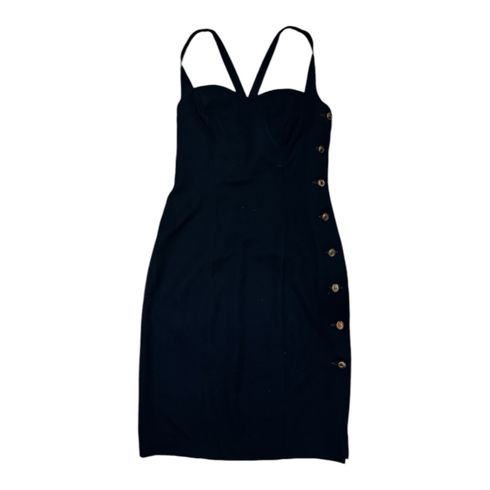 Vintage Ann Tobias black midi dress with sweetheart neckline, button side, 10